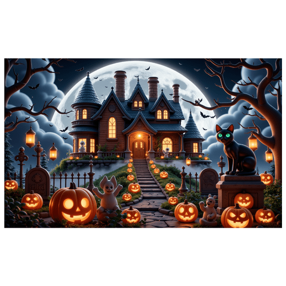 Halloween Theme Haunted House Design Spooky Black Cat Jack O Lantern Banner for Halloween Party Decoration Outdoor Indoor