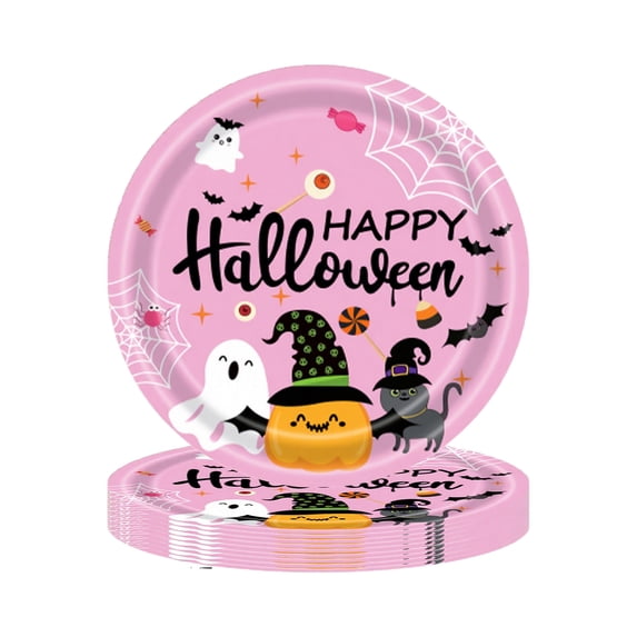 Halloween Theme Party Decorations Disposable Tableware - Cute Pumpkin Ghost Pink Paper Plates and Napkin, for Boy’s and Girl‘s Party