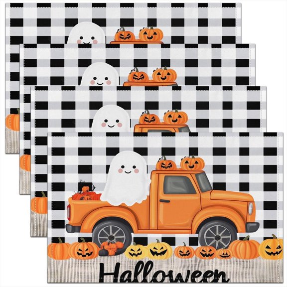 Halloween Theme Placemats Set of 4 12x18 Inch Cute Ghost Table Mats for Party Kitchen Dining Decor Pumpkin Lantern Place Mat for Dinner Table Indoor Outdoor 18"x12" Non-Slip Easy to Clean
