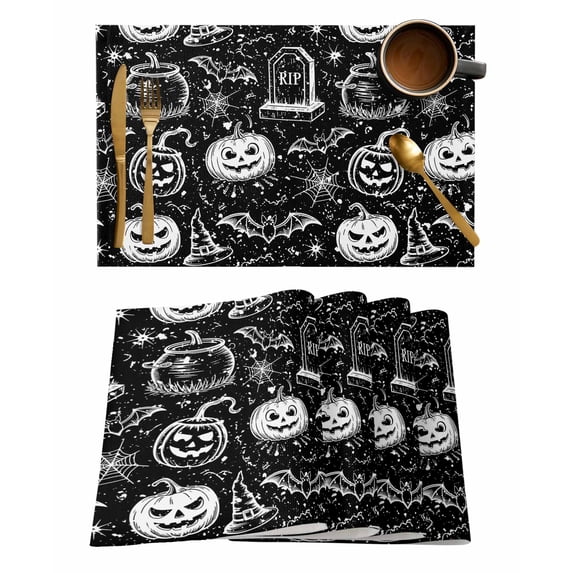 Halloween Theme Placemats Set of 4 Retro Pumpkin Witch Hat Black White Heat Insulation Washable Place Mats, Rustic Non-Slip Table Mats for Dining Table Party Kitchen Decor,13x19 Inch