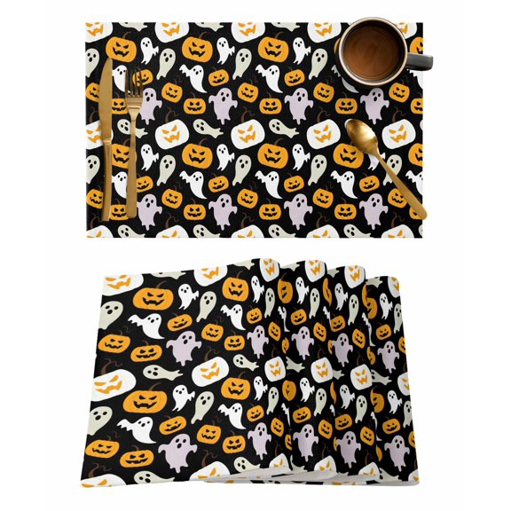 Halloween Theme Placemats Set of 6 Ghost Pumpkin Cute Horror Retro Heat Insulation Washable Place Mats, Rustic Non-Slip Table Mats for Dining Table Party Kitchen Decor,13x19 Inch