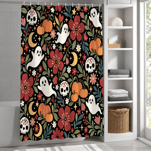 Halloween Theme Printed Shower Curtain, Waterproof Polyester, Black with Colorful Cartoon Patterns, 72in*72in