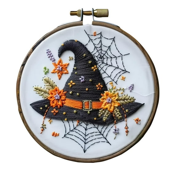 Halloween Theme Pumpkin, Bat And Flower Pattern Embroidery Kit, DIY Gothic Needlepoint Crafts Round Hoop Cross Stitch Kit For Beginners