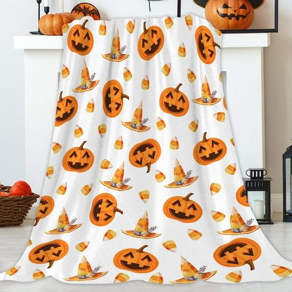 Halloween Theme Throw Blanket Happy Jack O Lantern Pumpkins with Candy Witch Hat Blanket Cozy Soft Lightweight Flannel Plush Blankets for Bed Couch Living Room Sofa Chair,50x60 Inch