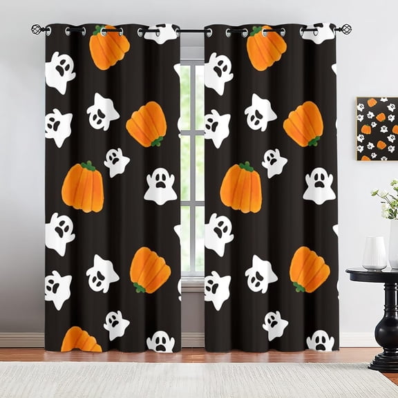 Halloween Theme Windows Curtain For Kids Room, Pumpkin Ghost Pattern Blackout Privacy Drapes, Window Treatments For Boys Girls Room Bedroom Nursery Playroom 21"W x 45"L (Pack of 2)