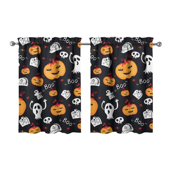 Halloween Themed 2 Pack Caf Curtains with Ghost and Cobweb Pattern, Vintage Style Rod Pocket Tier Curtains 27.5x36in(70x90cm) Kitchen Curtains