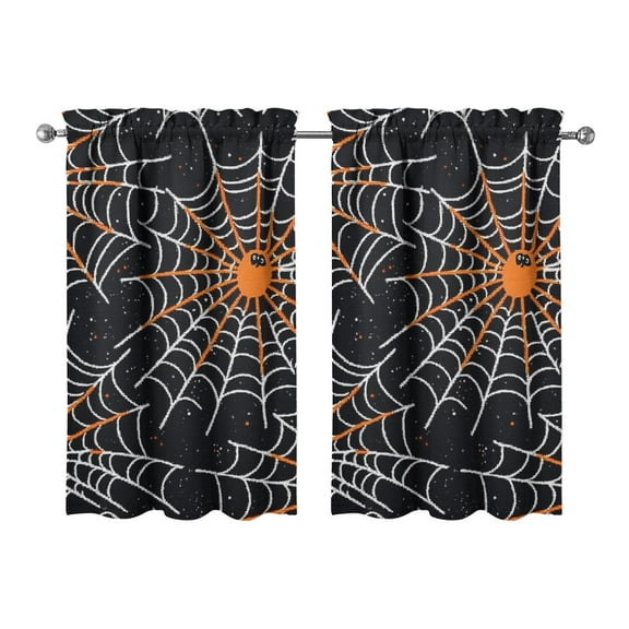 Halloween Themed 2 Pack Kitchen Curtains Featuring Cobweb and Pumpkin Design, Gothic Rod Pocket Tier Panels 27.5x39in(70x99cm)Kitchen Curtains