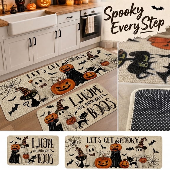 Halloween Themed 2 Piece Kitchen Mat Set, Non Slip Absorbent Decorative Floor Rugs for Indoor Entryway, Kitchen, Home Holiday Decor