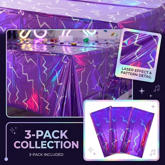 Halloween Themed 3-Piece Purple Table Cover Set, Iridescent Party Decorations, Disposable Tablecloths Rectangular, Purple Plastic Tablecloth, 108X54 Inch Lightweight Waterproof