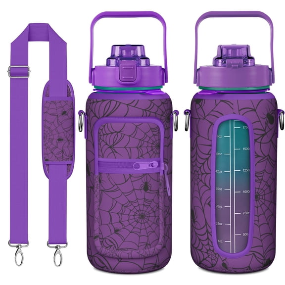 Halloween Themed 64oz Large Capacity Sport Bottle - Trick or Treat Pattern Leak-Proof Water Bottle with Storage Pockets for Cards