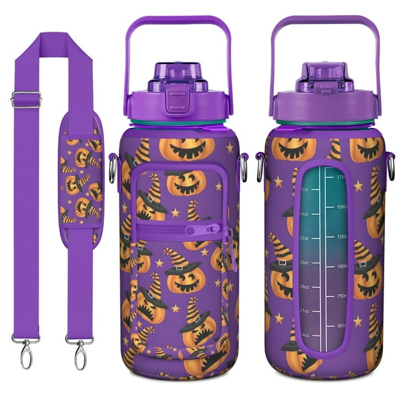 Halloween Themed 64oz Large Capacity Water Bottle with Storage Sleeve - Spooky Ghost & Pumpkin Design Leak-Proof Sport Bottle for Gym & Outdoor