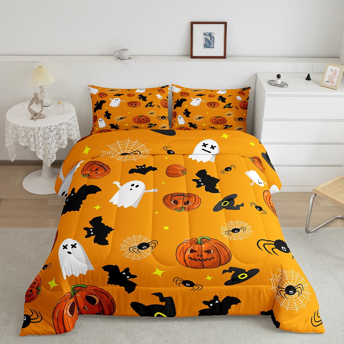 Manfei Halloween Duvet Cover Set King - Ghost & Pumpkin Print, Purple Castle Bedding For Kids, 3-Piece 4 thumbnail image