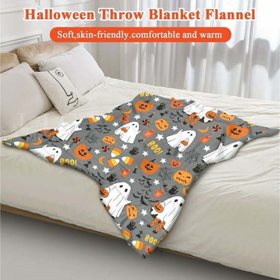Halloween Themed Blanket 50"x60" Soft Plush Throw Blanket with Ghosts and Pumpkins Cozy Spooky Decor for Bedroom Living Room Halloween Blanket for Kids and Adults