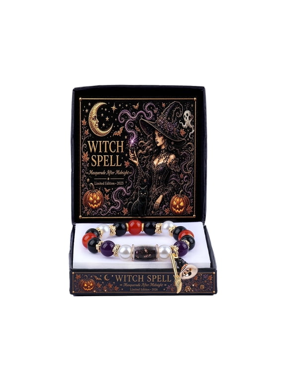 Halloween Themed Bracelets for Women, Center Bead Bracelet, Stretch Charm Bracelet with Gift Box, Seasonal Stackable Holiday Bracelets for Party Gift D