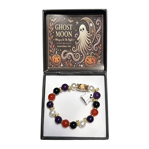 Halloween Themed Bracelets for Women, Center Bead Bracelet, Stretch Charm Bracelet with Gift Box, Seasonal Stackable Holiday Bracelets for Party Gift A