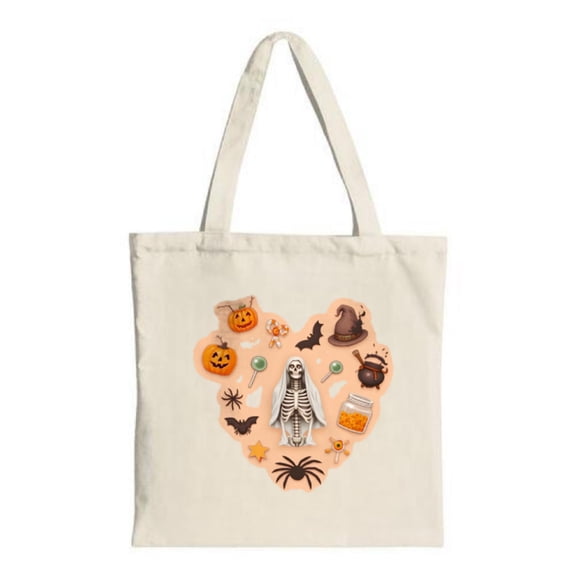 Halloween-Themed Canvas Tote Bag with Heart Design: Skeleton Pumpkins Bats & Candy - Perfect for Parties Travel & Shopping