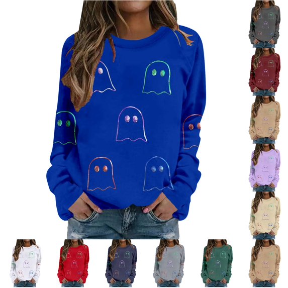Halloween-Themed Casual Pullover for Wear Cozy Long Sleeve Loose-Fit Sweater for Autumn and Winter Party-Ready Outerwear Comfortable and Blue L
