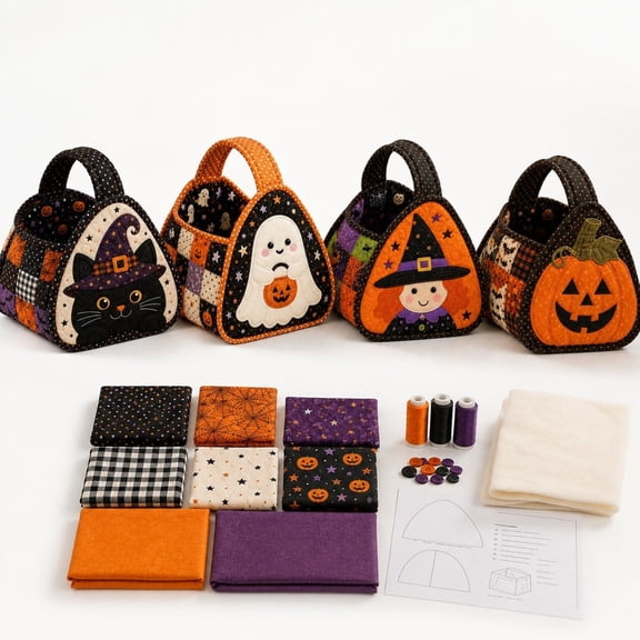 Halloween Themed Character Quilted Carry Basket,DIY Fabric Storage Basket Kit,Autumn Home Decor,Halloween Candy Bag