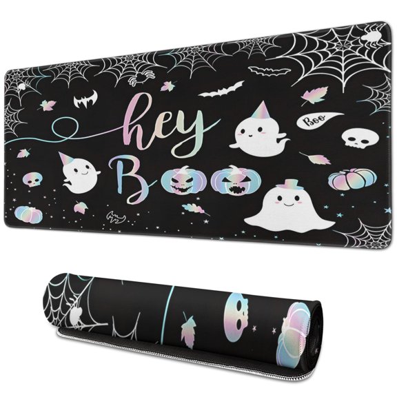 Halloween Themed Cute Spider Webs & Pumpkins Mouse Pad Ghost Skull Design, Non-Slip Rubber Base Fun & Functional Addition Gaming Setup 31.5 x 11.8 in