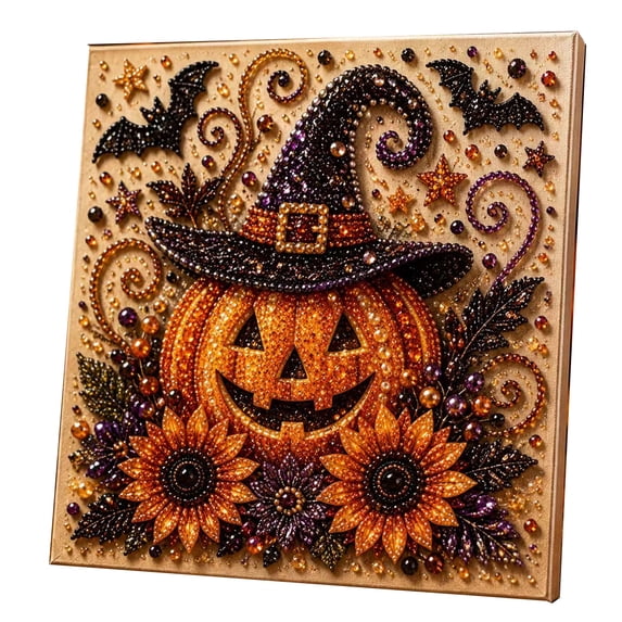 Halloween Themed Diamond Art DIY Set, Smiling Pumpkin Sunflower Bat Leaf Design Rhinestone Painting Kit for Relaxing Indoor Leisure Handmade Project