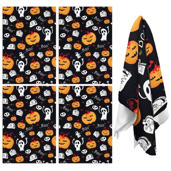 Halloween Themed Dish Towels Set of 4, 18x26 Soft Absorbent Kitchen Towels with Witch Ghost Pumpkin Prints, Cute Tea Towels for Fall Kitchen, Bar or Holiday Home Decor