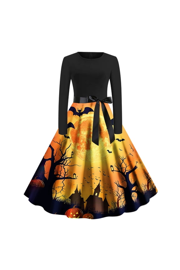 Halloween Themed Dresses for Women Long Sleeve A Line Maxi Dresses Vintage Witch Costume Medieval Renaissance Outfit Plus Size Spooky Vampire Dress Goth Dress