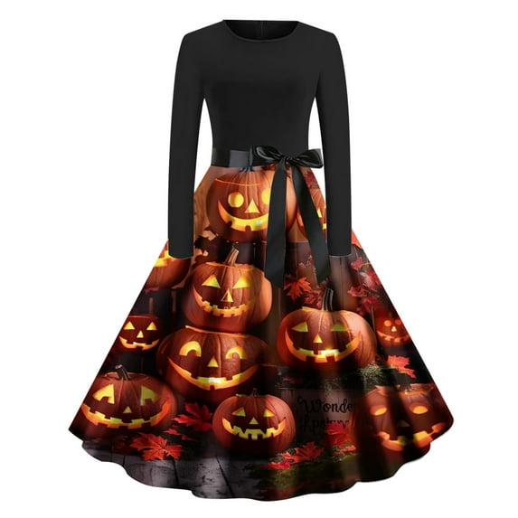 Halloween Themed Dresses for Women Long Sleeve A Line Maxi Dresses Vintage Witch Costume Medieval Renaissance Outfit Plus Size Spooky Vampire Dress Goth Dress