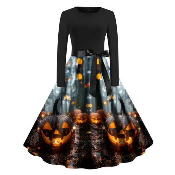 Halloween Themed Dresses for Women Long Sleeve A Line Maxi Dresses Vintage Witch Costume Medieval Renaissance Outfit Plus Size Spooky Vampire Dress Goth Dress