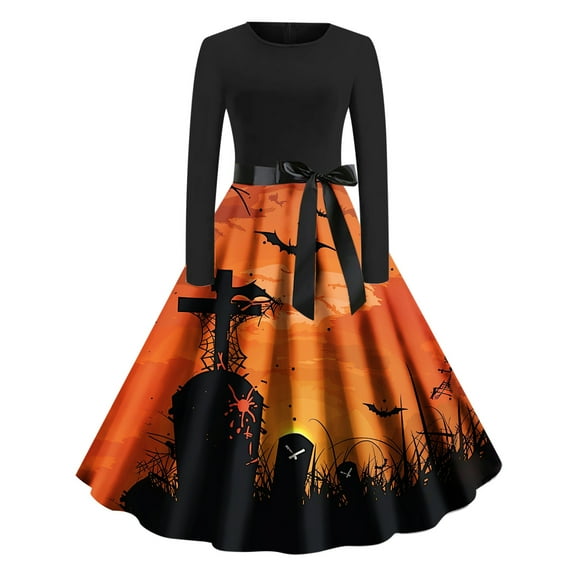 Halloween Themed Dresses for Women Long Sleeve A Line Maxi Dresses Vintage Witch Costume Medieval Renaissance Outfit Plus Size Spooky Vampire Dress Goth Dress