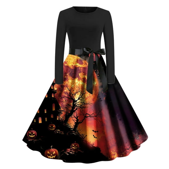Halloween Themed Dresses for Women Long Sleeve A Line Maxi Dresses Vintage Witch Costume Medieval Renaissance Outfit Plus Size Spooky Vampire Dress Goth Dress