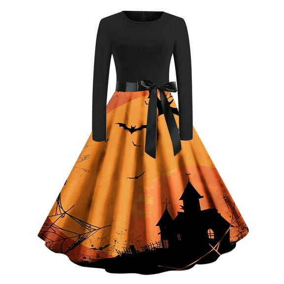 Halloween Themed Dresses for Women Long Sleeve A Line Maxi Dresses Vintage Witch Costume Medieval Renaissance Outfit Plus Size Spooky Vampire Dress Goth Dress