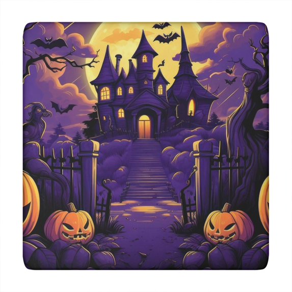 Halloween Themed Elastic Edge Tablecloth 34x34 Inch Square - Features Festive Ghosts and Pumpkins Pattern for Party Decor
