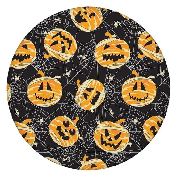 Halloween Themed Elastic Fitted Table Cover for 52 Inch Round Table - Pumpkin Printed Washable Party Dining Decor