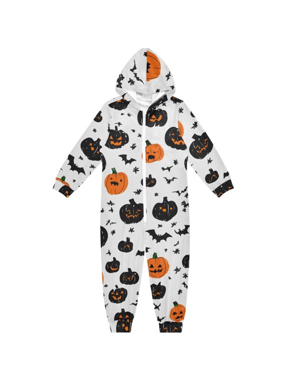 Halloween Themed Elements One Piece Pajamas Soft Jumpsuit Cozy Sleep and Play Romper Zipper and Pockets 12-13Y