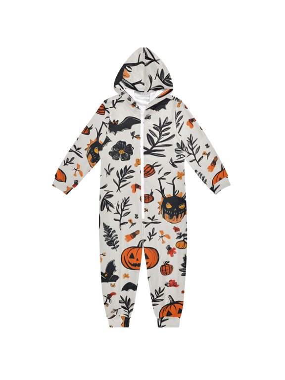 Halloween Themed Elements One Piece Pajamas Soft Jumpsuit Cozy Sleep and Play Romper Zipper and Pockets 13-14Y