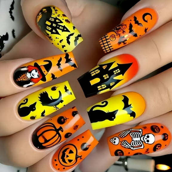 24pc Pumpkin Ghosted Bat False Nails Square Shape ABS Fake Nails Halloween Party Easy Application Design