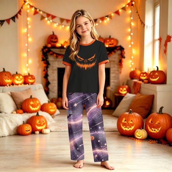 Halloween Themed Family Sleepwear Short Sleeve Spooky Face Top Galaxy Bat Print Long Pants Matching Pajamas