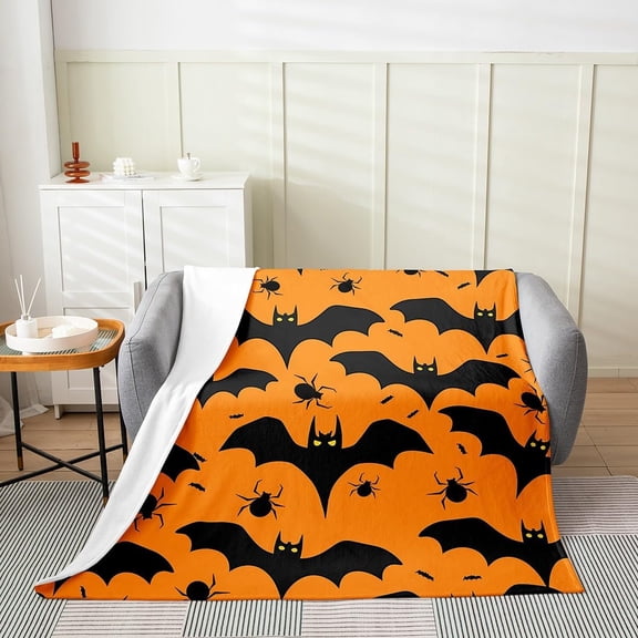 Halloween Themed Flannel Fleece Throw Blanket 40"x50" Kids Bat Print Plush Blanket for Boys Girls Teens Animal Print Fuzzy Blanket Orange All Season Bed Blanket