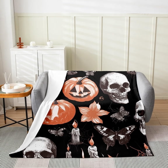 Halloween Themed Flannel Fleece Throw Blanket 40"x50" Kids Sugar Skull Plush Blanket for Boys Girls Teens Death Moth Butterfly Fuzzy Blanket Pumpkin Lantern All Season Bed Blanket