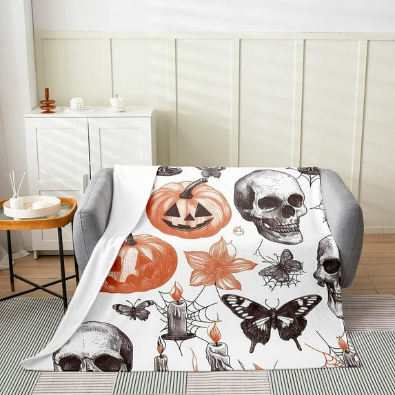 Halloween Themed Flannel Fleece Throw Blanket 40"x50" Kids Sugar Skull Plush Blanket for Boys Girls Teens Flower Death Moth Butterfly Fuzzy Blanket Pumpkin Lantern All Season Bed Blanket