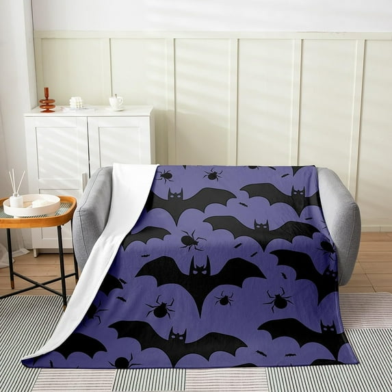 Halloween Themed Flannel Fleece Throw Blanket Baby 30"x40" Kids Bat Print Plush Blanket for Boys Girls Teens Black Spider Fuzzy Blanket Purple All Season Bed Blanket