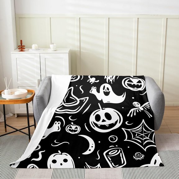 Halloween Themed Flannel Fleece Throw Blanket Baby 30"x40" Kids Cute Ghost Plush Blanket for Boys Girls Teens Spider Web Fuzzy Blanket Pumpkin Lantern All Season Bed Blanket