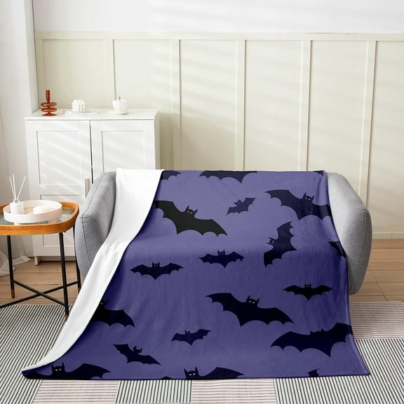 Halloween Themed Flannel Fleece Throw Blanket Throw 50"x60" Kids Bat Print Plush Blanket for Boys Girls Teens Animal Print Fuzzy Blanket Purple Black All Season Bed Blanket