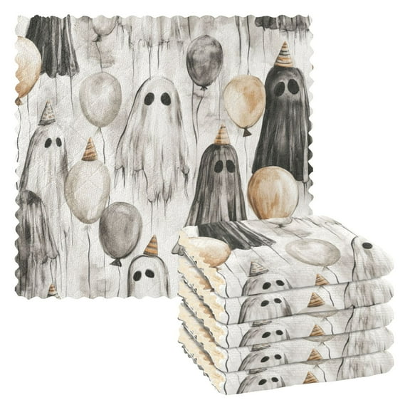 Halloween Themed Ghost 6 Pack Kitchen Cleaning Cloths 11'' x 11'', Super Absorbent, Soft Double Layer Plush for Dish and Surface Cleaning
