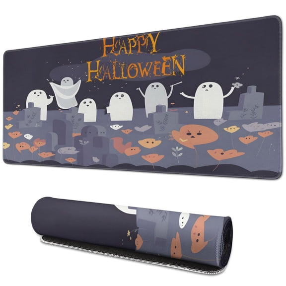 Halloween-Themed Ghost Mouse Pad - Cute Kawaii Cartoon Design, Large 31.5x11.8 Inch Desk Mat for Gamers, Non-Slip and Stitched Edge, Adds Fun Spooky Spirit to Gaming Space