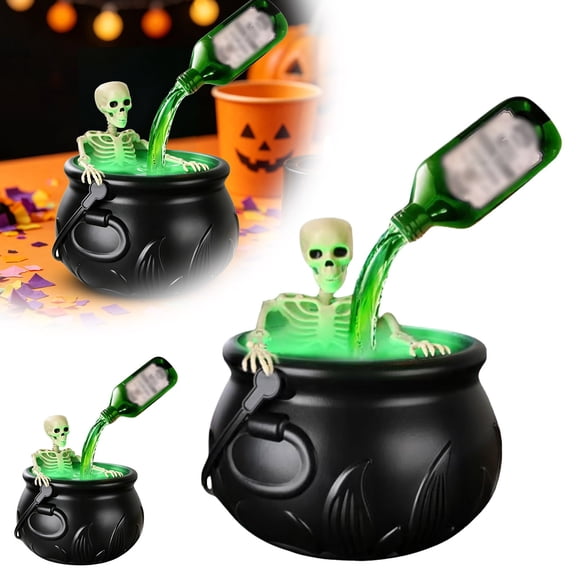 Halloween Themed Glowing Resin Cauldron Figurine Simulated Flowing Potion Indoor Table Centerpiece Decor