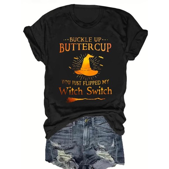 Halloween - Themed Graphic Tee, Tops Has Witch Hat Design, Round Neck Regular Fit T - shirts, Size(S - 5XL)