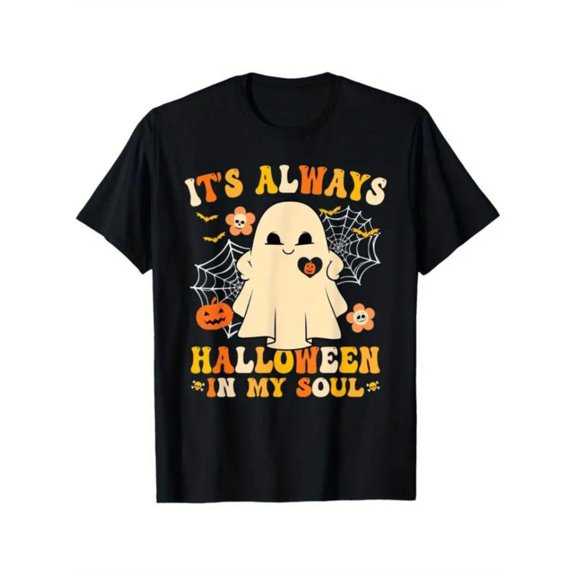 Halloween - Themed Graphic Tee,Tops Has "IT'S ALWAYS HALLOWEEN IN MY SOUL" Text with Ghost, Pumpkin & Spider Web Designs, Round Neck Regular Fit T - shirts, Size(S - 5XL)