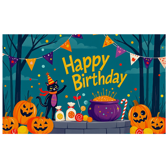 Halloween Themed Happy Birthday Banner Background with Pumpkins Candy Cauldron and Cat Party Supplies Photography Props Decorations for Birthday Parties Events and Celebrations