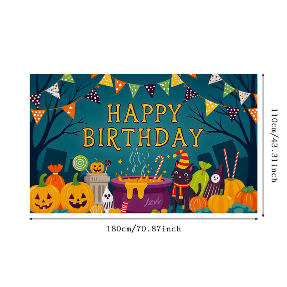 Halloween Themed Happy Birthday Banner Background with Pumpkins Candy Cauldron and Cat Party Supplies Photography Props Decorations for Birthday Parties Events and Celebrations